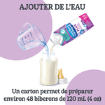 En ajoutant de l’eau selon les instructions, la préparation pour nourrissons Bon Départ🅫 PLUS en liquide concentré permet de préparer environ 48 biberons de 120 ml.