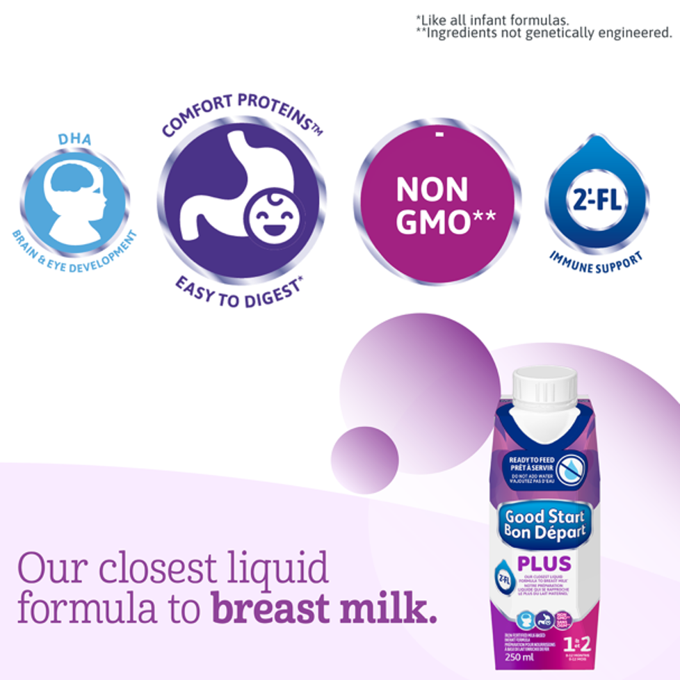 Good Start® PLUS 1 Ready-to-Feed Baby Formula is our closest liquid formula to breast milk./Préparation pour bébés Bon Départ Plus 1 prête à servir est notre préparation liquide la plus proche du lait maternel