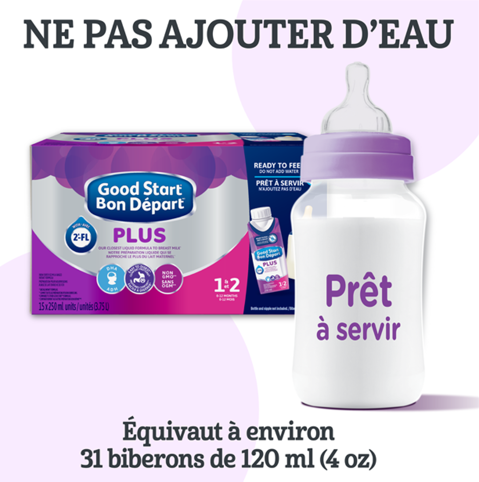 Préparation pour bébés Bon Départ Plus 1 équivaut à environ 31 biberons de 120 ml (4 oz)