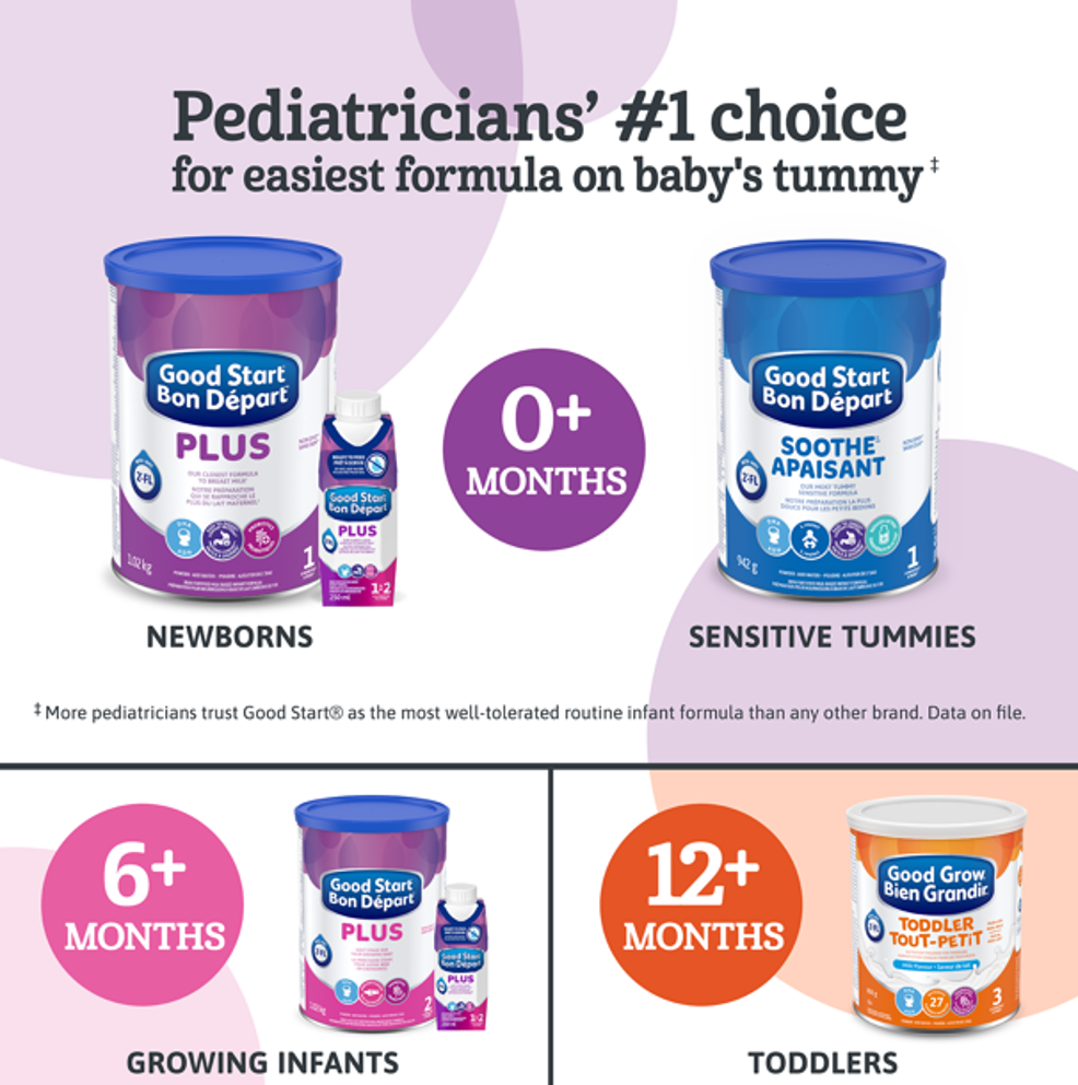 Good Start is pediatricians’ choice for easiest formula on baby's tummy./Bon Départ est le choix no 1 des pédiatres pour ce qui est de la préparation la plus douce pour le bedon de bébé