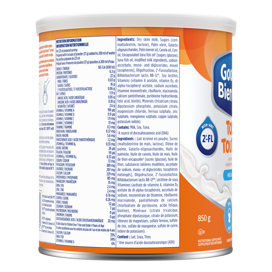Prise de vue des informations nutritionnelles du produit Bien Grandir saveur lait.