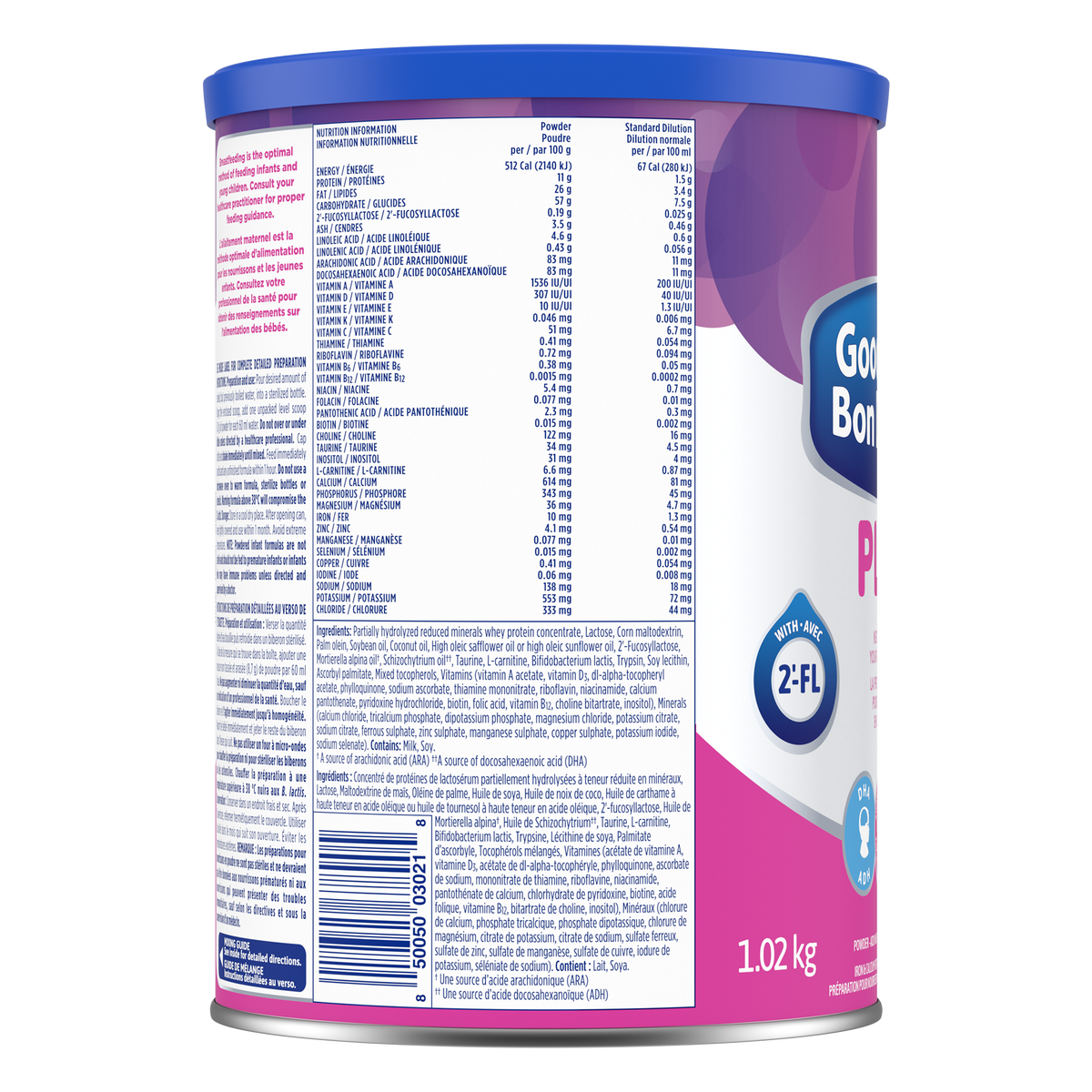 Prise de vue du produit Bon DépartMD PLUS 2 1,02 kg – verso avec tableau de la valeur nutritive.
