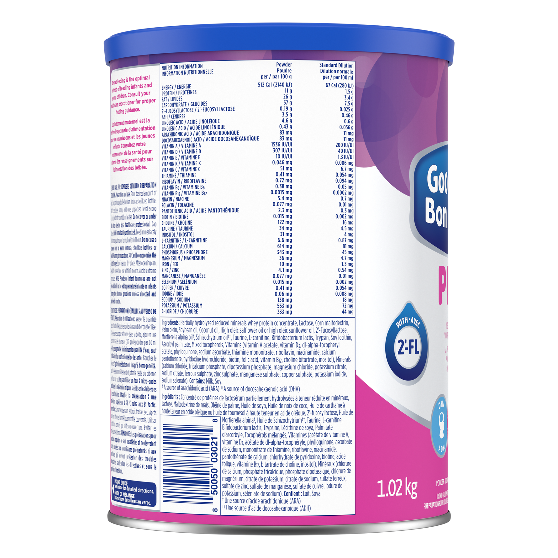 Prise de vue du produit Bon DépartMD PLUS 2 1,02 kg – verso avec tableau de la valeur nutritive.